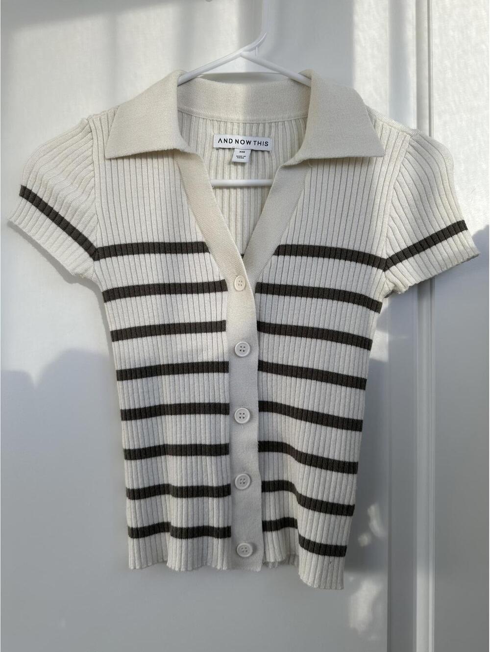 Button Ribbed Polo Short Sleeve Sweater And Now This Green Stripe XXS